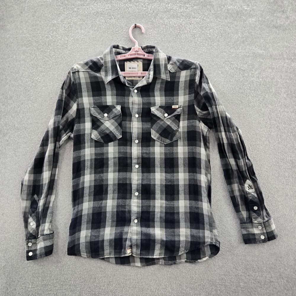 Vans x Cathy Van Engel Men Button Up‎ Shirt M Black Plaid Flannel Skater Y2K